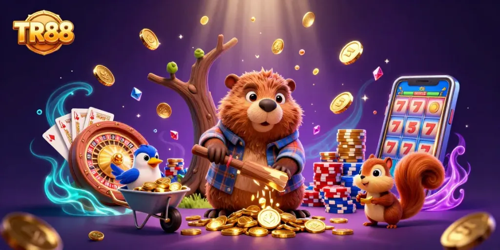 Spin the TR88 roulette wheel with our cheerful beaver character collecting golden coins and gems.