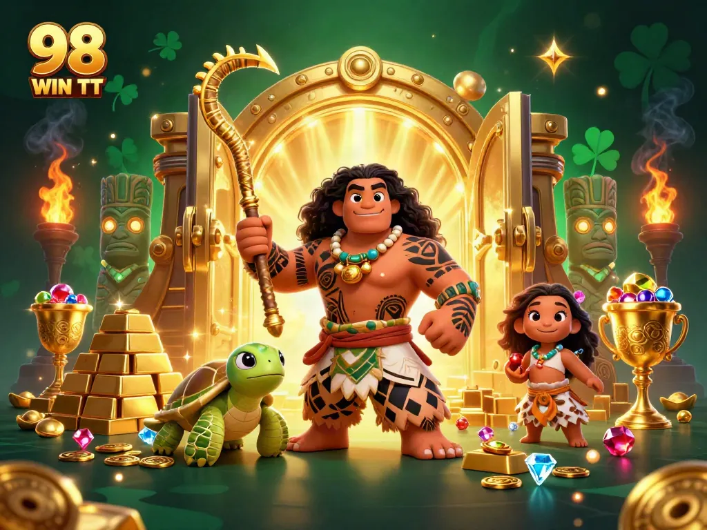 Engage with the thrilling experience of 98 WIN TT, featuring a vibrant 3D scene of winning symbols and treasures.