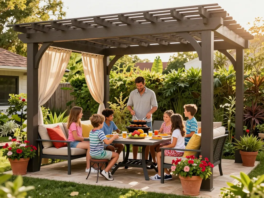 Family gathering under a pergola configurator designed outdoor space with a cozy barbecue atmosphere.