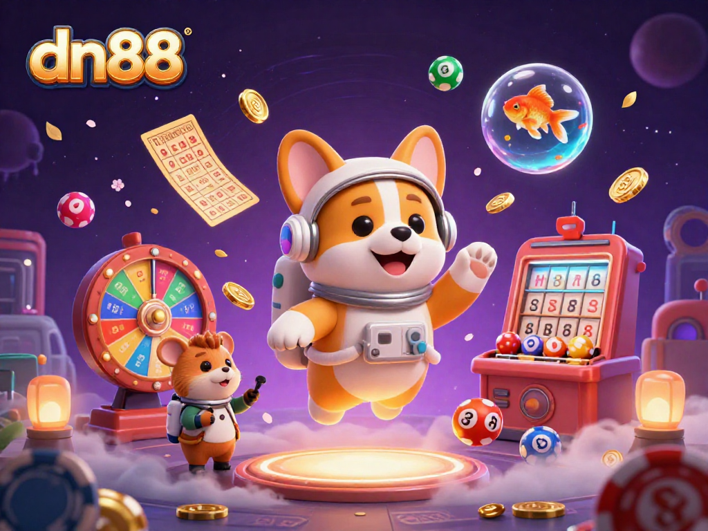 Experience fun and games with dn88's vibrant casino-themed illustration showcasing a cartoon astronaut corgi.
