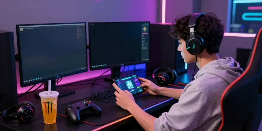 Excited gamer interacting with ORION88 APK on mobile in a vibrant gaming setup.