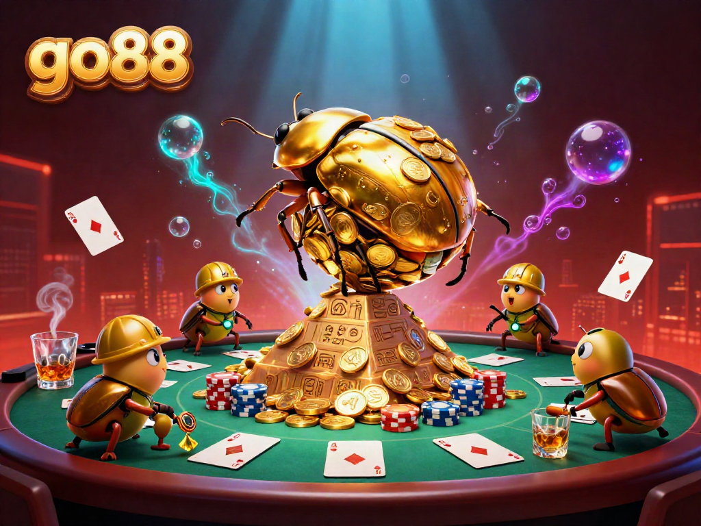 Experience the excitement of go88 with a dynamic illustration of golden beetles rolling coins, showcasing gambling elements.