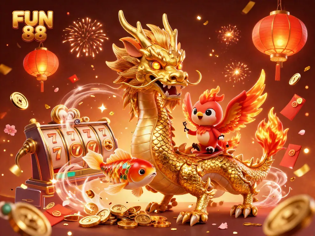 Experience thrilling slot action with FUN 88, featuring a golden dragon amidst coins and lucky symbols.
