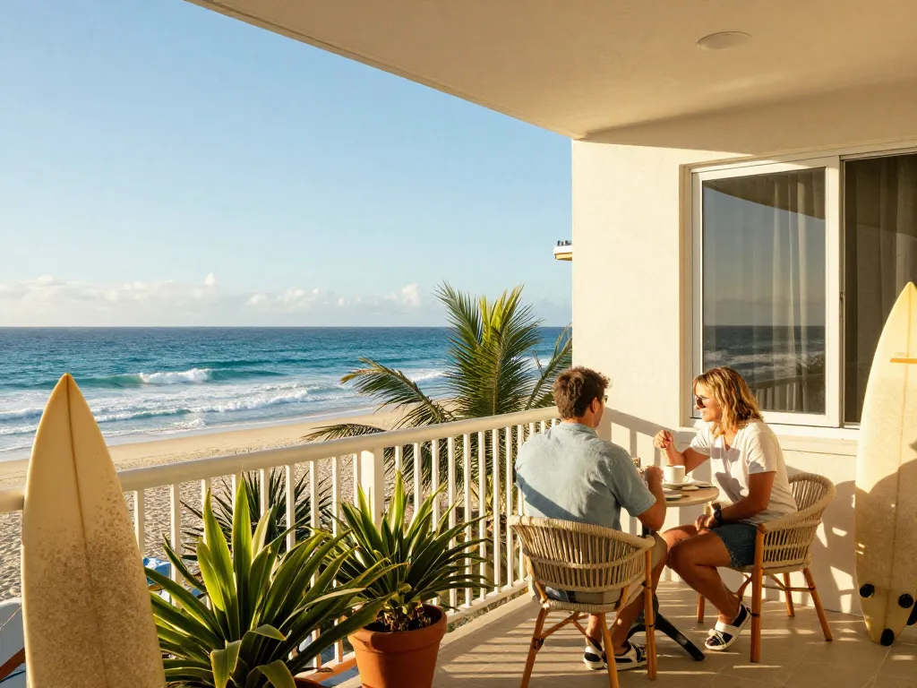 A beachfront apartment representing airbnb management gold coast with a couple enjoying morning coffee on a sunny balcony.