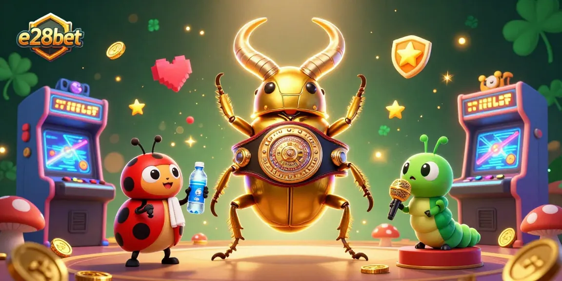 Experience the thrill of e28bet with a colorful 3D casino scene filled with gaming action.
