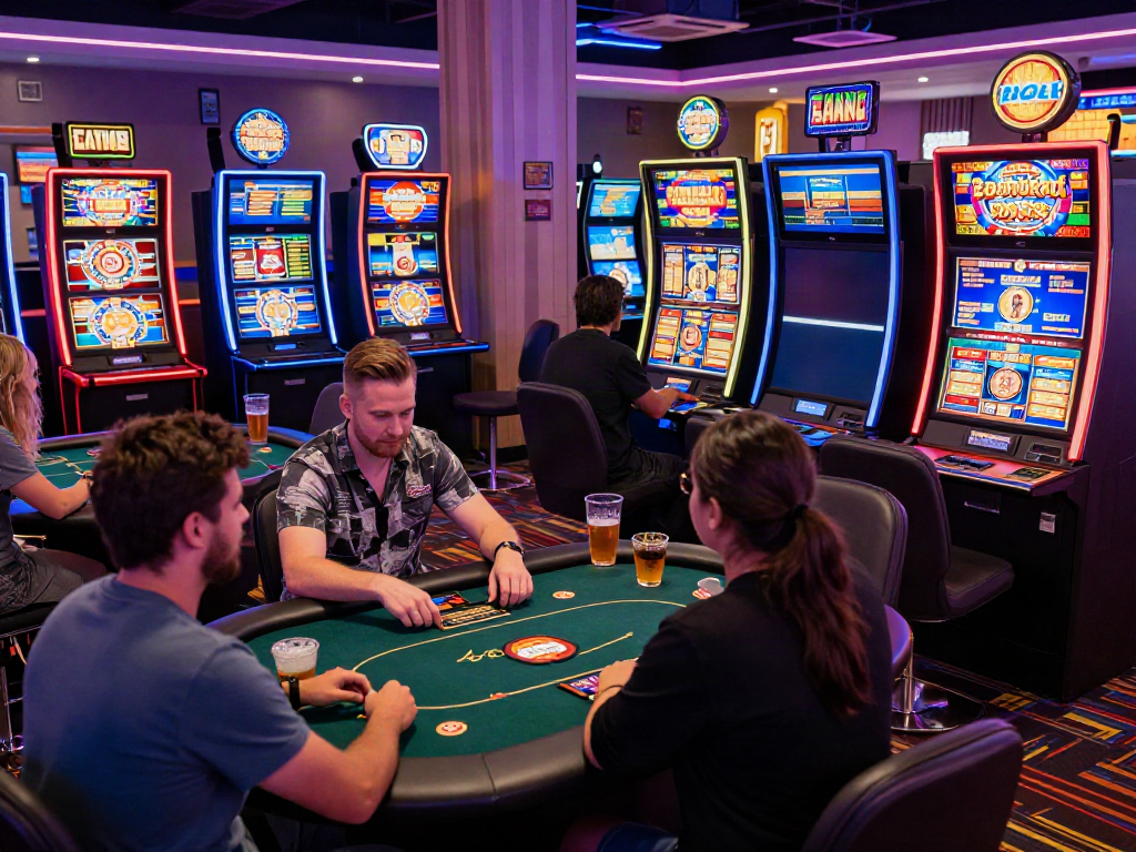 Players enjoying various games at a vibrant casino not on Gamstop, with colorful slot machines and lively atmosphere.