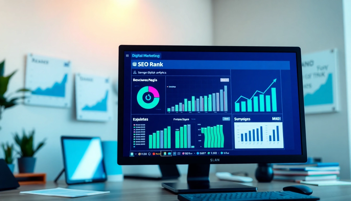 Illustration of SEO Rank analytics on a computer screen in a modern workspace.