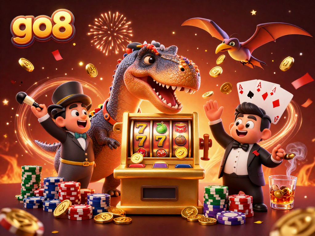 Catch jackpots at go8 as a dinosaur celebrates winning coins from a slot machine in an exciting casino scene.