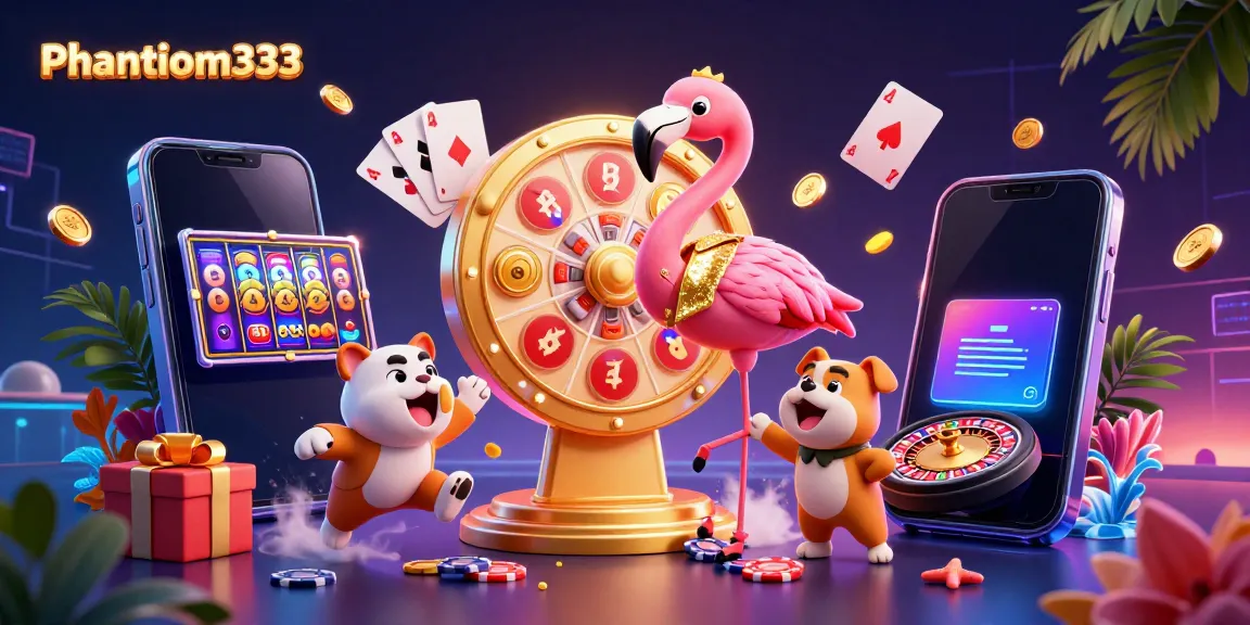 Play vibrant slot games with Phantom333 as the flamingo host spins the prize wheel.