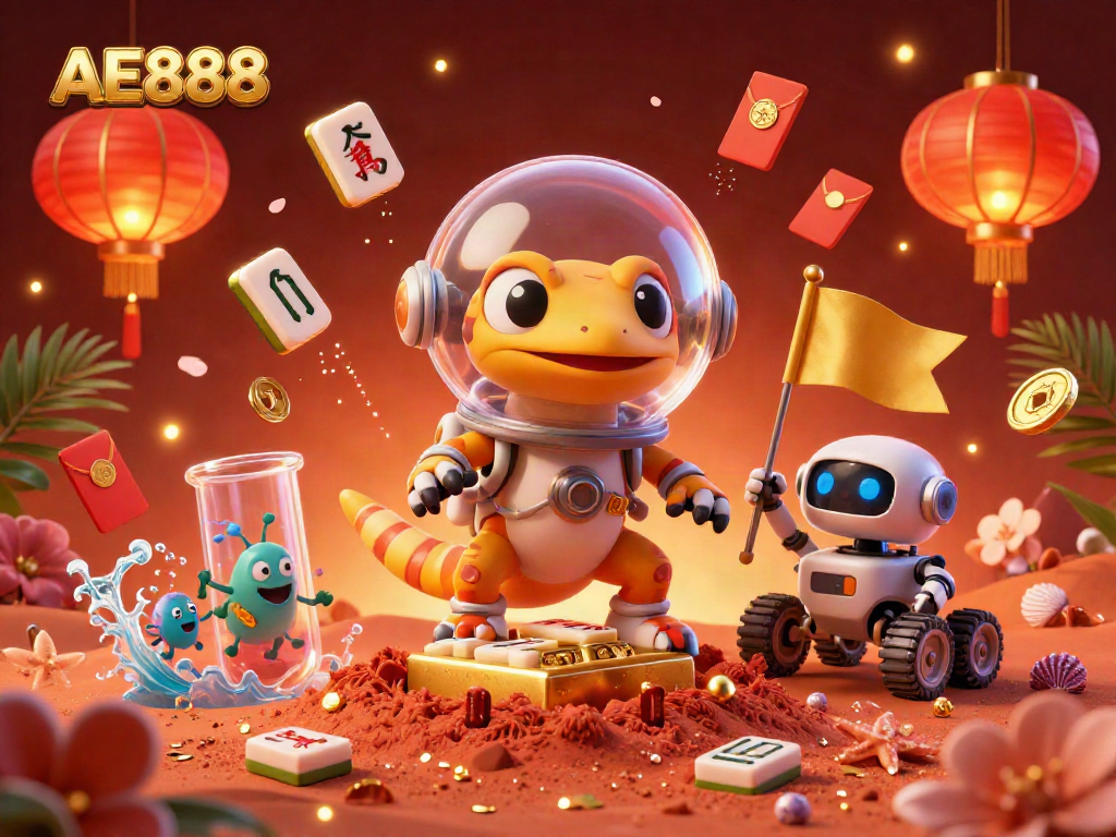Experience the thrill of AE888 casino gaming with a Martian gecko uncovering golden treasures.