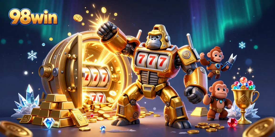 Win big at 98win with a dynamic 3D illustration of a slot-mechanical gorilla smashing coins and treasures.