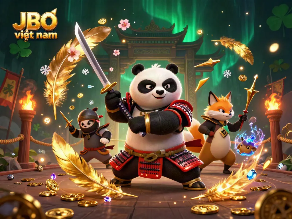 Experience thrilling gambling action with JBO việt nam in this vibrant 3D illustration featuring a samurai panda and ninja fox.