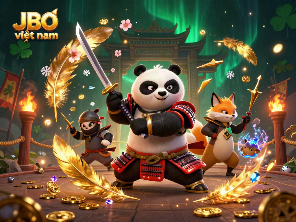 Experience thrilling gambling action with JBO việt nam in this vibrant 3D illustration featuring a samurai panda and ninja fox.