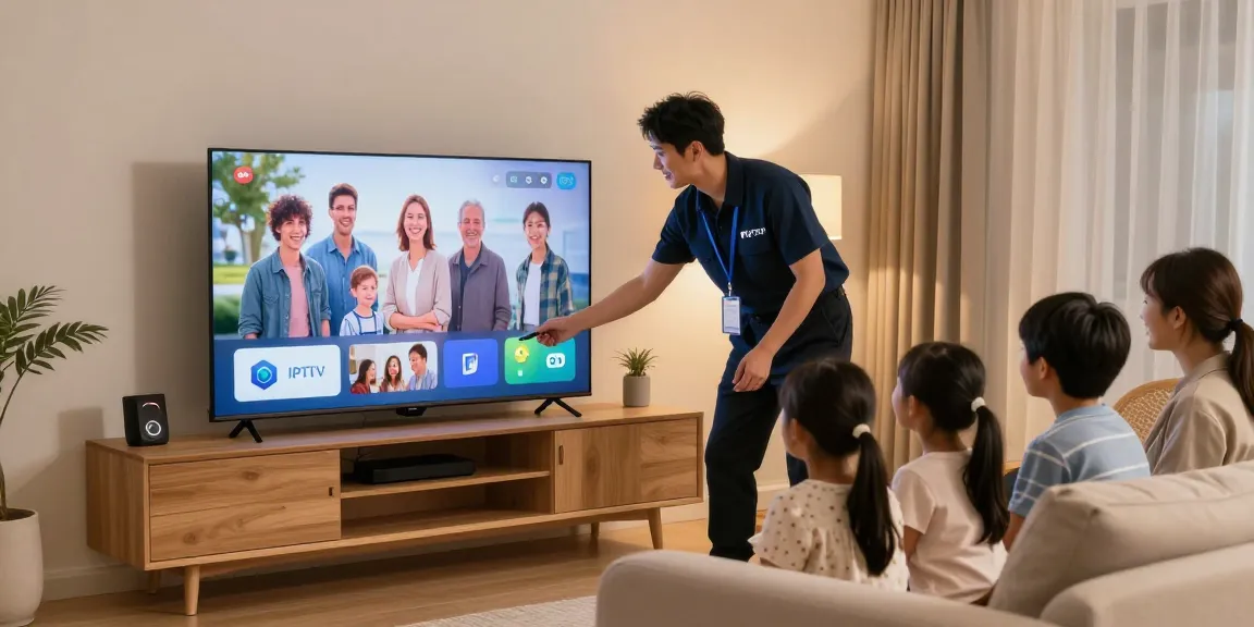 Expert technician providing a reliable IPTV service to a local family in their home.