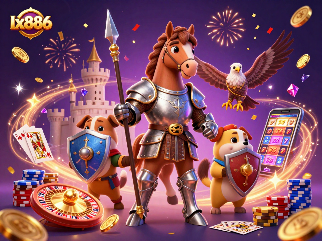 Engage in thrilling gaming experiences with lx886 featuring a knight, puppy, and falcon amidst casino elements.