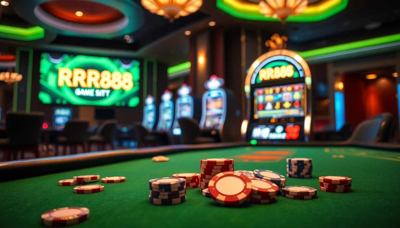Experience the thrill of RR88 game at an upscale casino table filled with poker chips and cards.