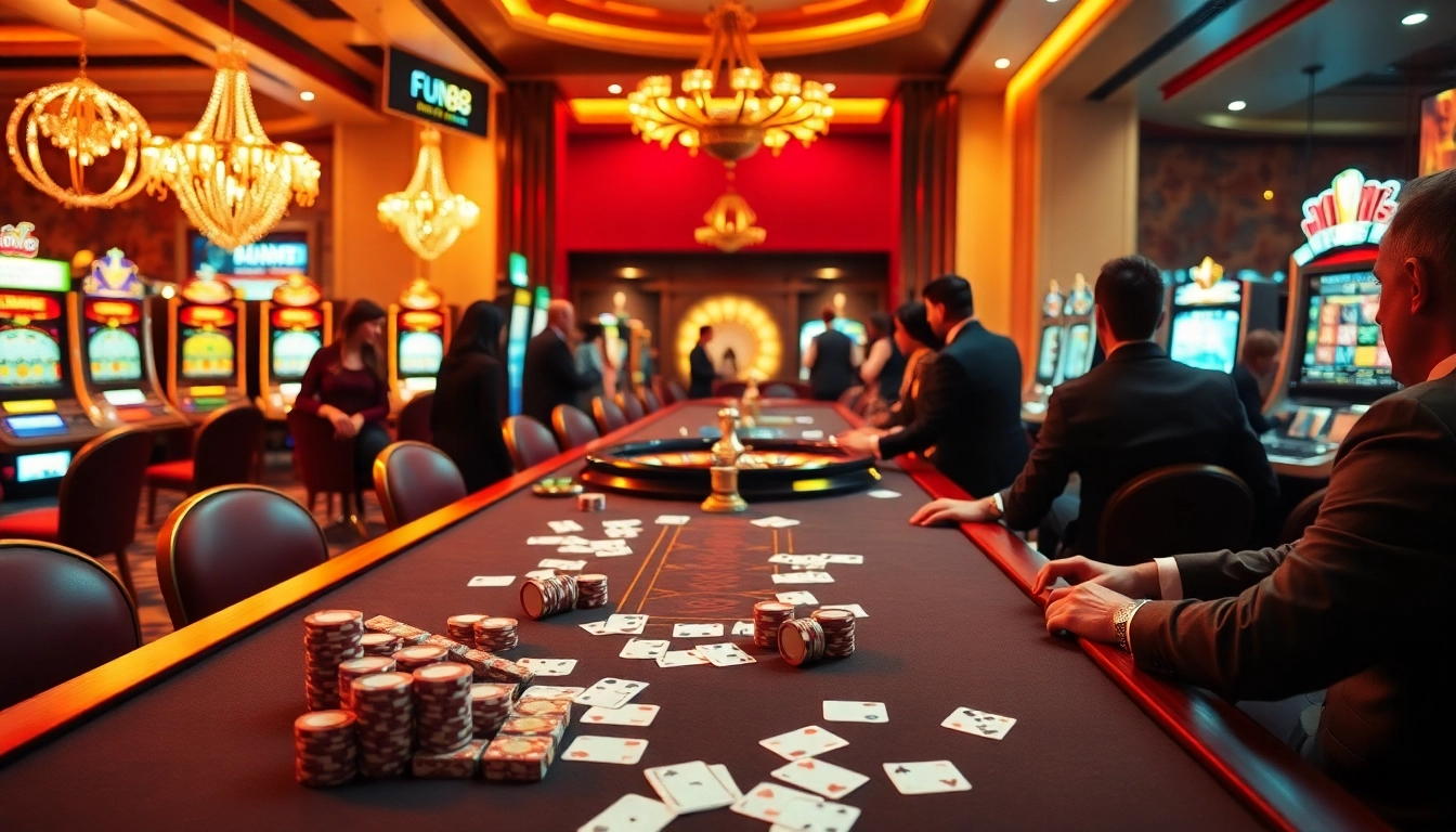 Engage in thrilling gameplay at https://fun88.social/ with vibrant casino tables, poker chips, and spinning roulette wheels.