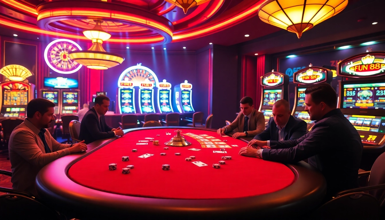 Engaged players at Fun 88 table games in a vibrant casino atmosphere.