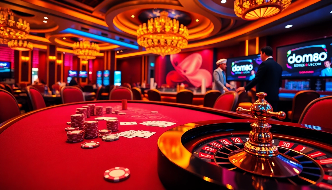 Experience high-stakes gambling excitement at dom88.us.com, featuring elegant poker tables and vibrant casino atmosphere.