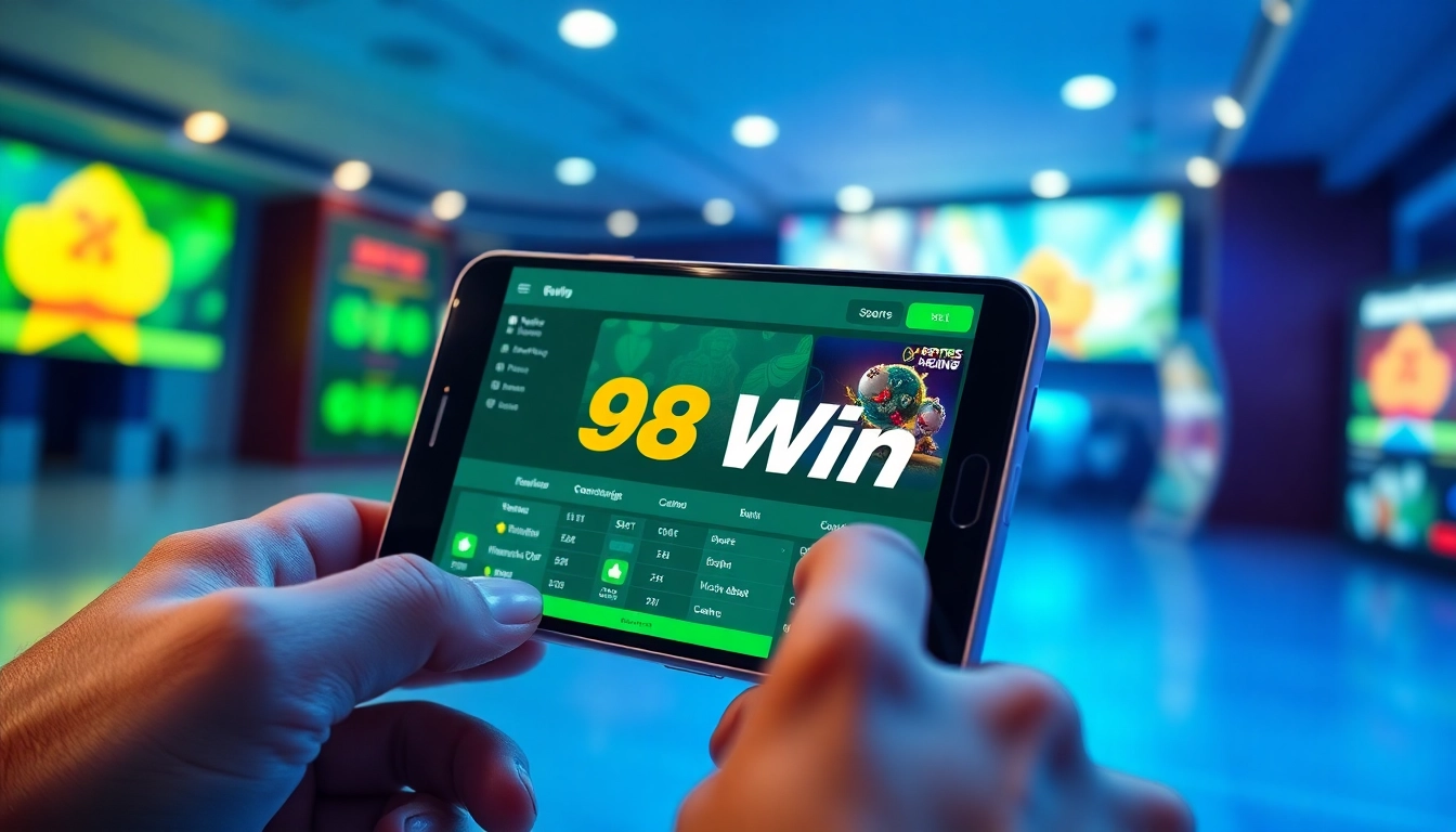 Engaging digital scene portraying the 98winwin.live platform on a smartphone, showcasing trust and excitement in online betting.
