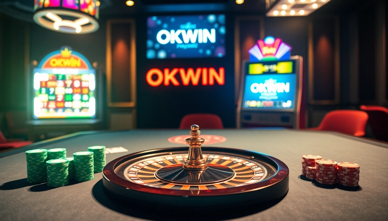 Exciting poker action at OKWIN casino with vibrant chips and roulette.