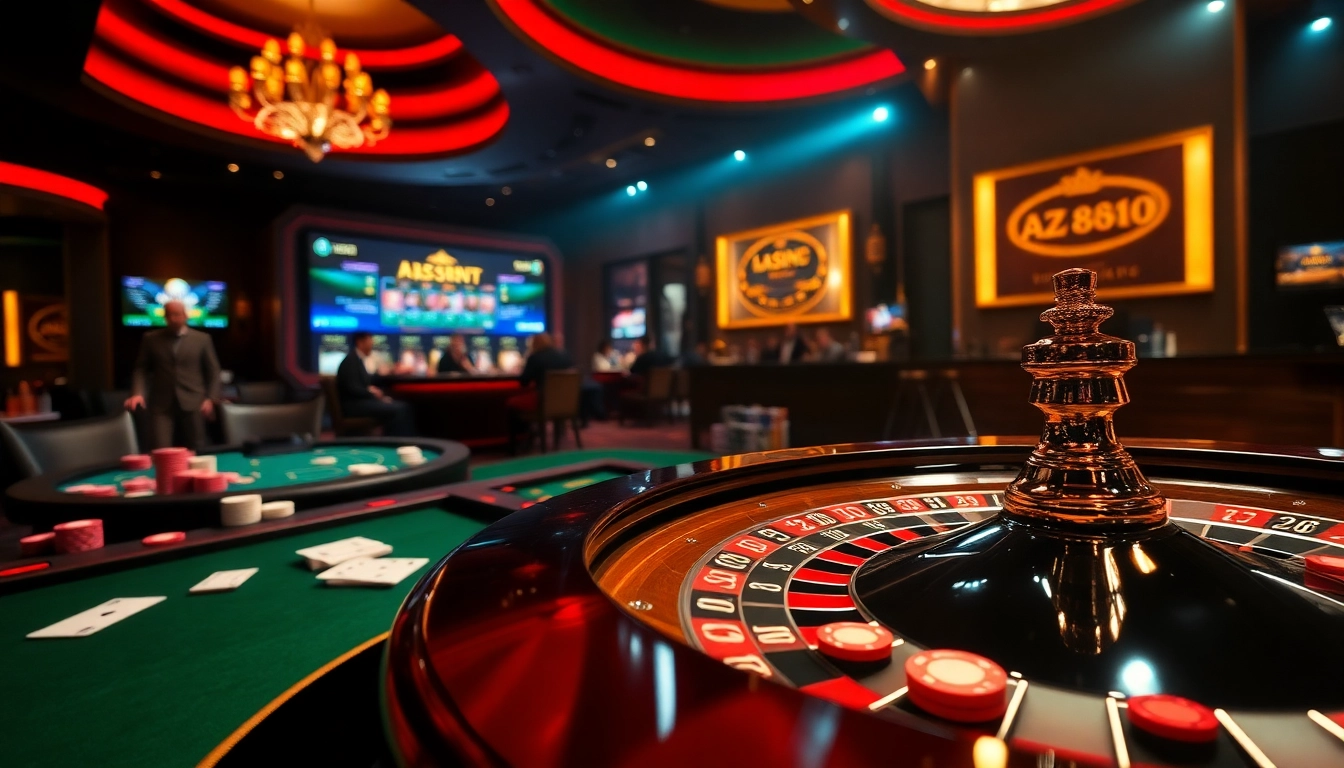 Experience the thrill of winning at AZ888's luxurious gaming tables with poker chips and online interfaces.