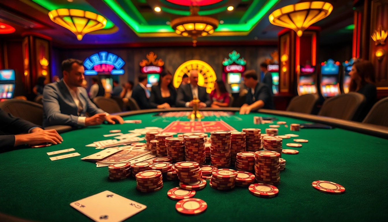 Kuwin casino players enjoy a lively poker game with vibrant chips and cards on a luxurious table.
