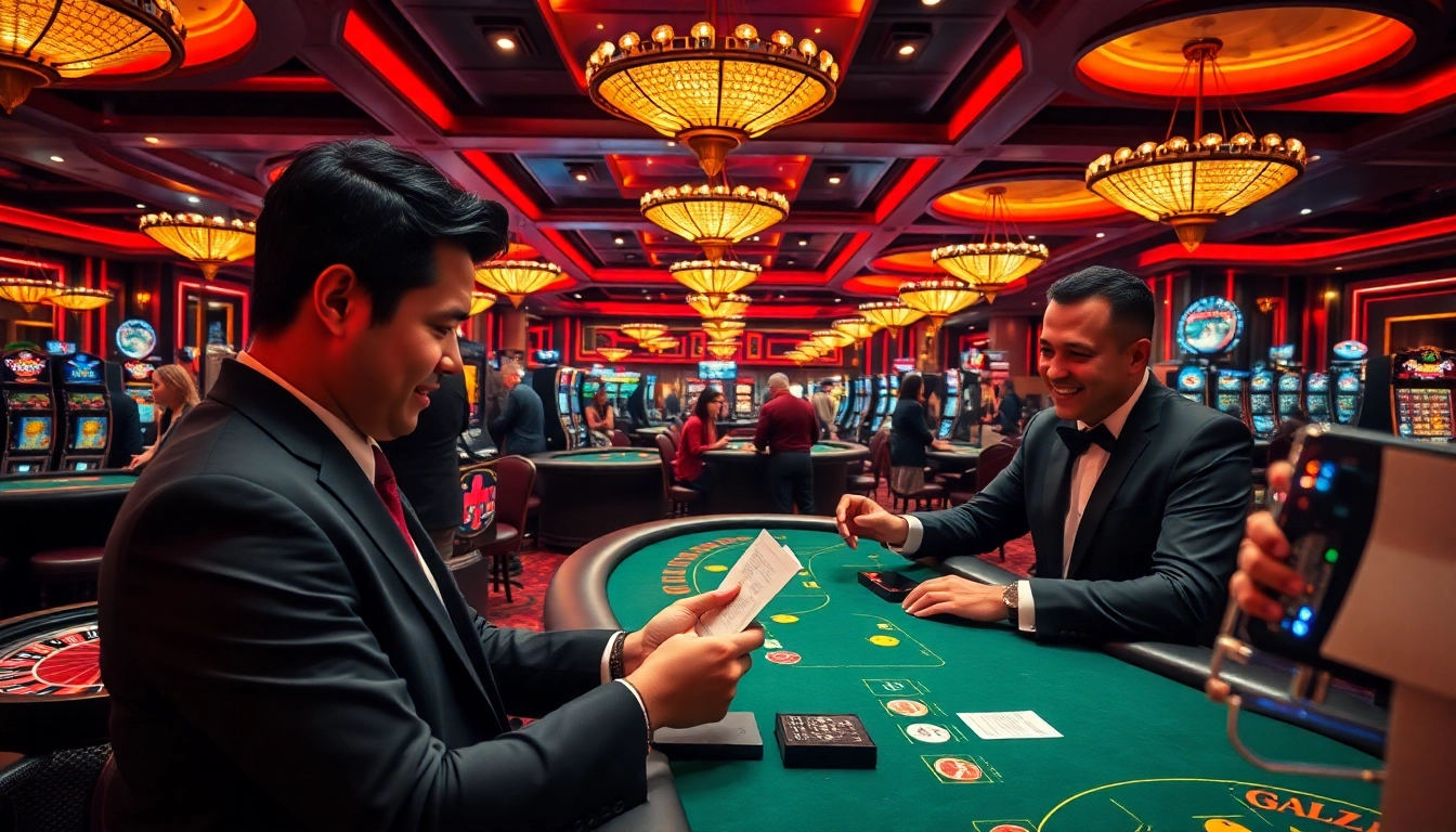 Exciting casino gaming with professional players at jbo tables and vibrant slot machines.