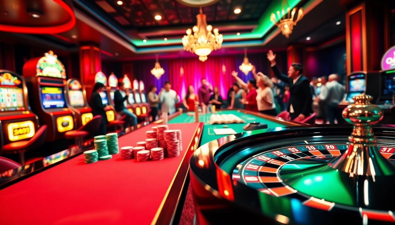 Experience thrilling casino action at okfun with colorful poker chips and slot machines in a vibrant setting.
