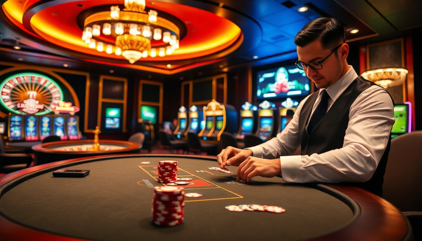 Exciting poker scene showcasing thể thao okfun in a luxurious casino atmosphere.