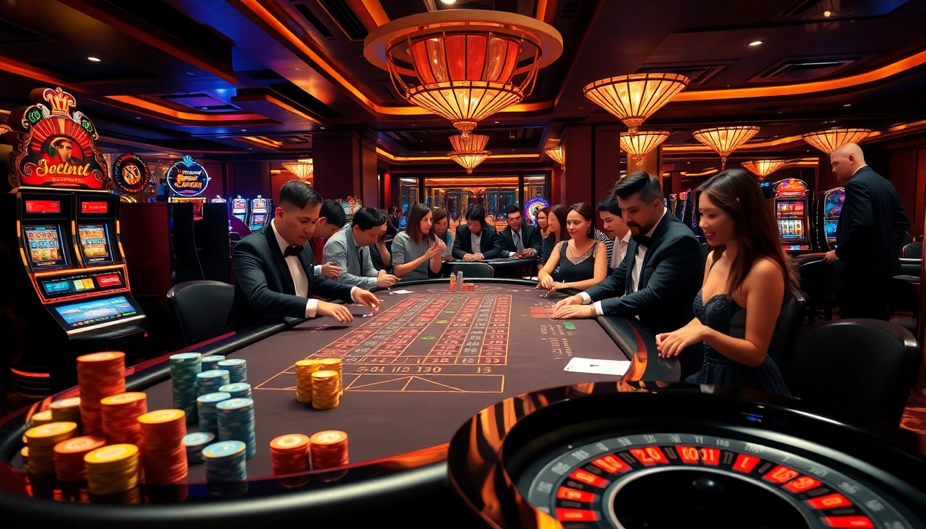 Players enjoying thrilling games at 8day.cn.com casino, surrounded by poker chips and vibrant slot machines.