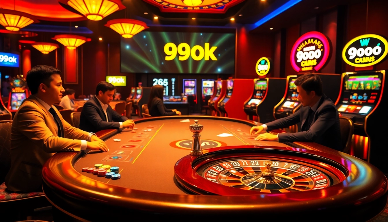 Players at a poker table in a vibrant casino environment promoting 99ok excitement.