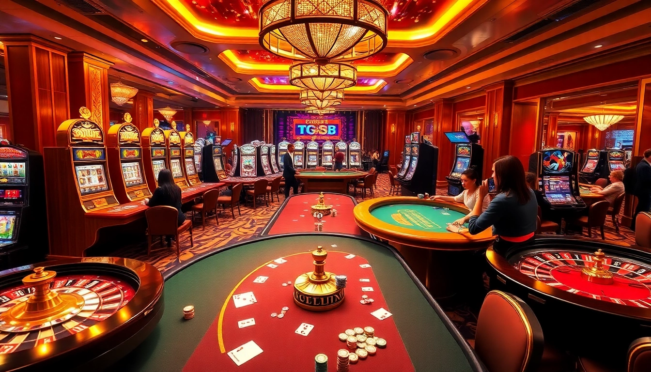 Players enjoying a thrilling game at TG88 casino, surrounded by vibrant slot machines, chips, and cards.
