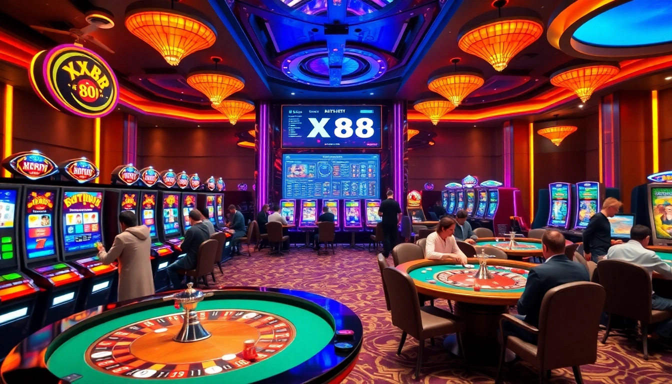 Players enjoying games at XX88's casino tables and vibrant slot machines.