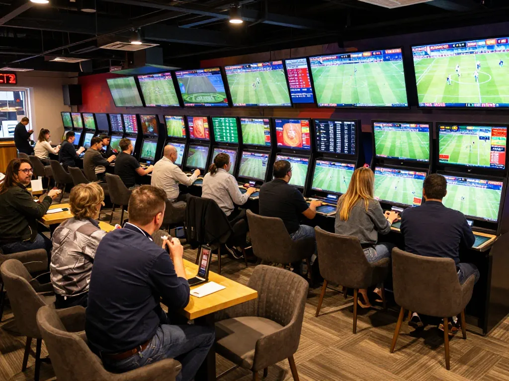 Engaged bettors analyzing tỷ lệ kèo nhà cái in a lively sports betting venue.