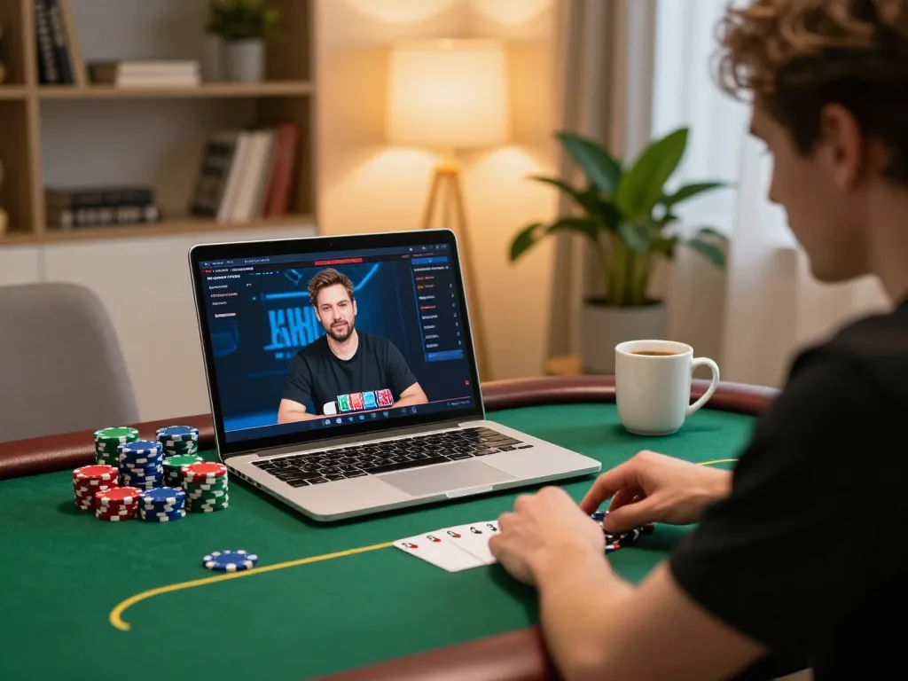 Enjoying a poker game on SHBET, showcasing strategic betting in a cozy setting