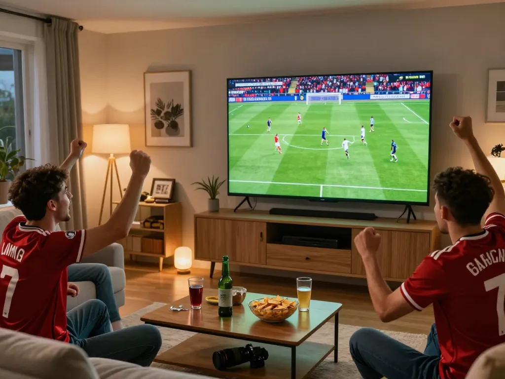 Fans enjoying Okwintv live soccer match in vibrant home setting