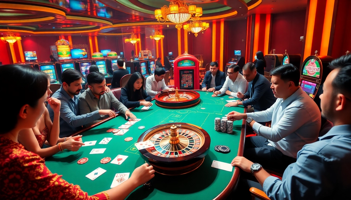 Experience lc88 đăng nhập at an exciting casino table with cards and roulette wheels.