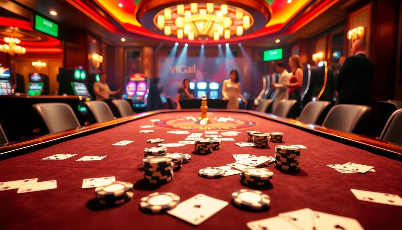 Excited players enjoying a luxurious casino experience at Goal123 with poker tables and slot machines.