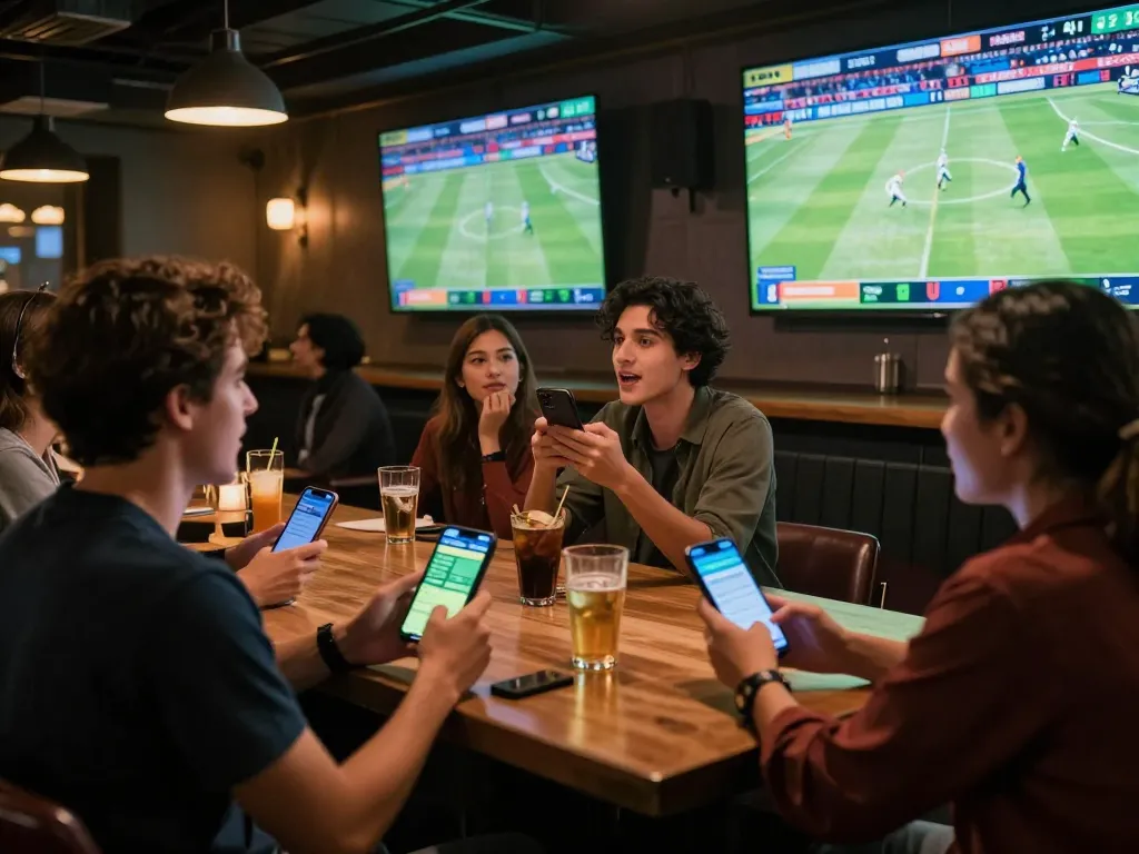 Dynamic sports betting at https://shbet.id/ with friends cheering while using betting apps