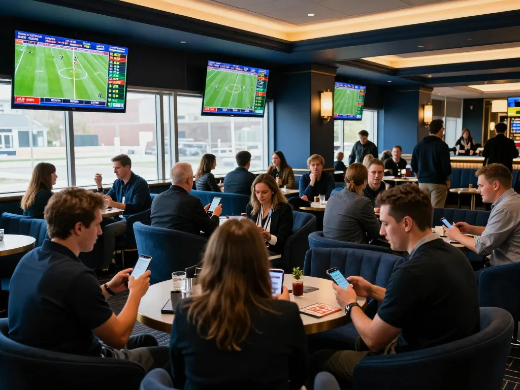 Engaged bettors analyzing odds for Taruhan Bola in an upscale sports betting lounge.