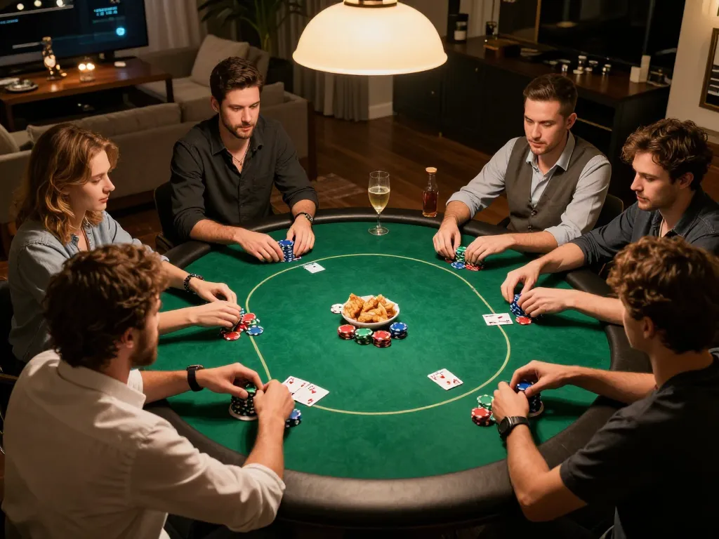 Players engaging in strategic poker gameplay at a friendly home game night featuring 88VIN.