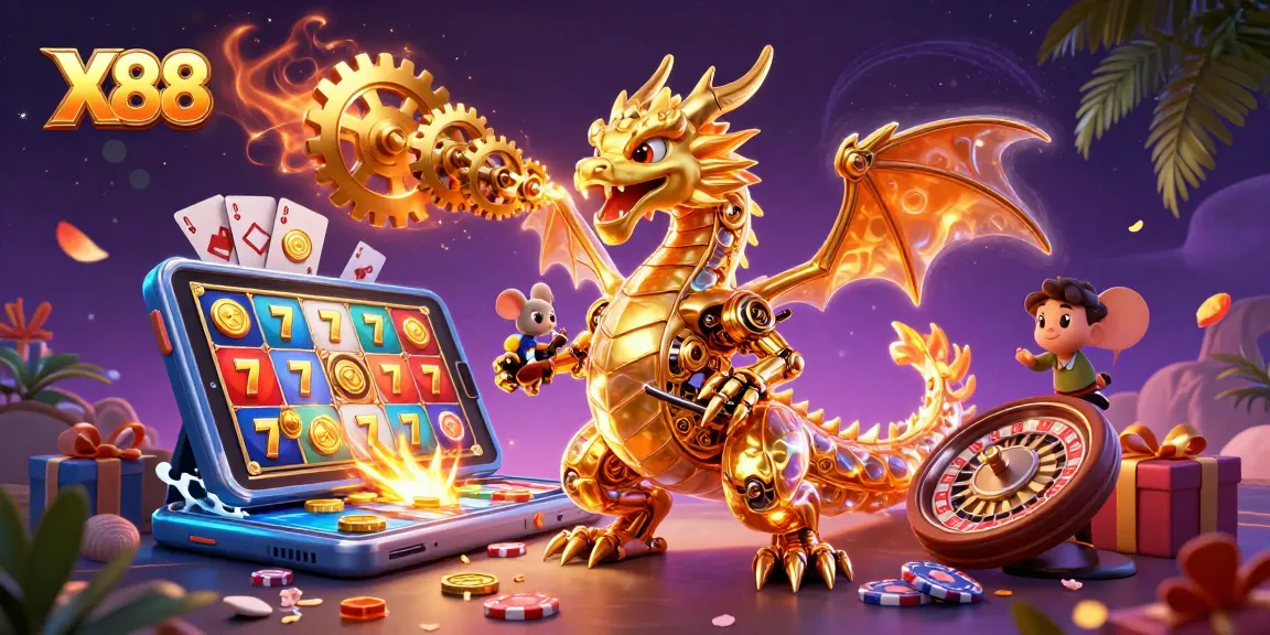 X88 showcases an immersive casino experience with a golden dragon amidst vibrant gaming elements.
