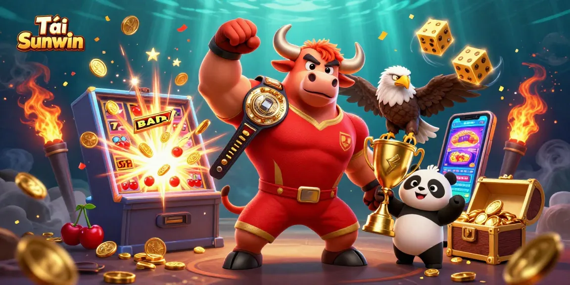Tải Sunwin and claim your victory in an exciting casino adventure featuring a jubilant bull, eagle, and panda.