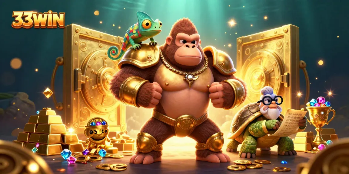 Engage in thrilling gameplay at 33WIN with an epic scene showcasing a gorilla king and treasures.