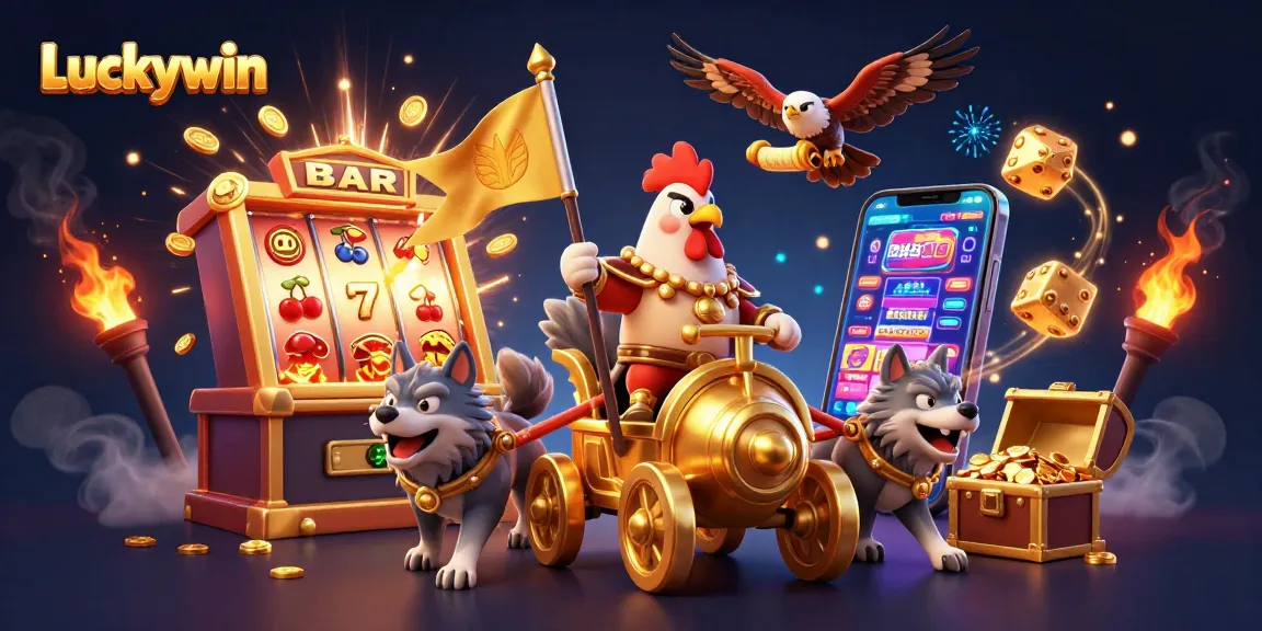 Experience exciting gameplay at Luckywin with a dynamic 3D illustration of casino adventures.