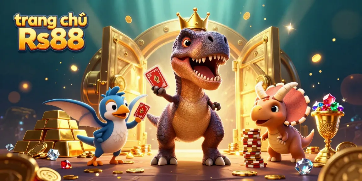 Experience excitement at trang chủ Rs88 with a fun T-Rex, pterodactyl, and triceratops in a lively casino scene.