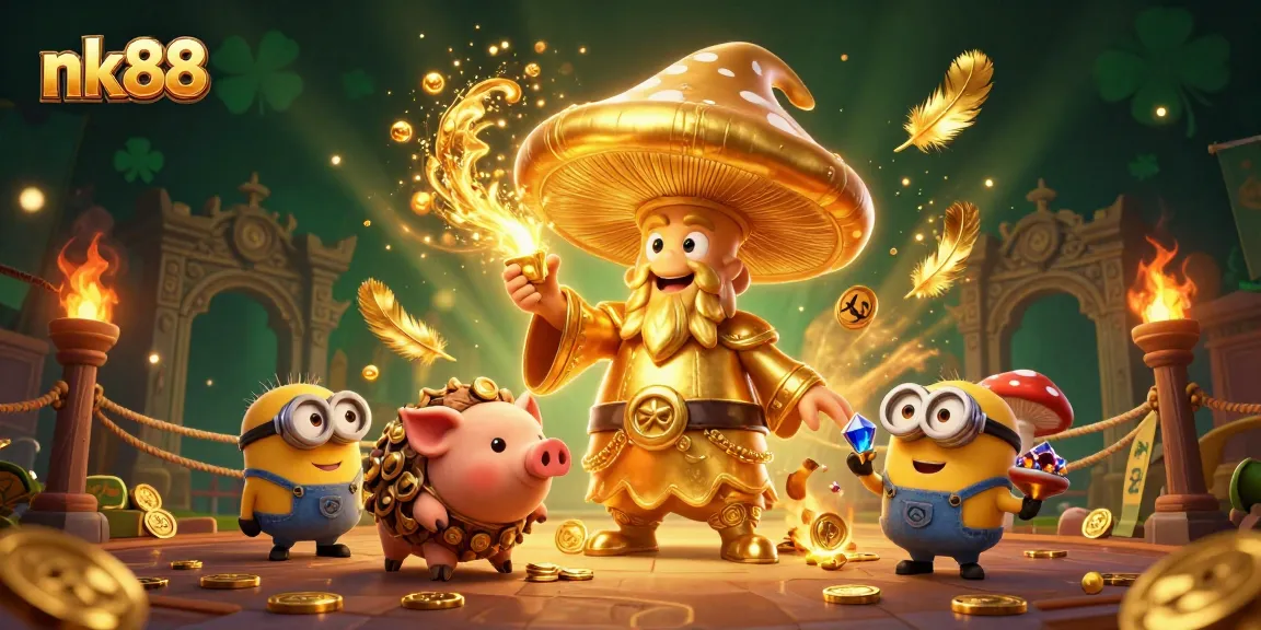 Experience the magic of nk88 casino with a golden mushroom wizard and treasures in a vibrant fantasy setting.