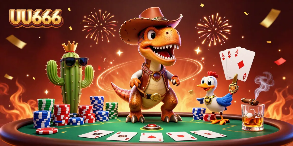 Join the excitement at UU666 with dynamic poker action featuring a cartoon T-Rex, chips and cards!