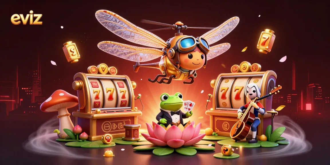 eviz showcases a dynamic 3D casino scene with a dragonfly pilot, frog dealer, and jazz musicians, illustrating vibrant gaming energy.